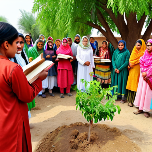 **A vibrant scene of rural development in Pakistan: Children happily attending a newly renovated school with colorful books, while local teachers receive training, and women participate in empowerment programs. In the background, community members plant trees, symbolizing environmental protection and a brighter future. Focus on hope, community, and education.**