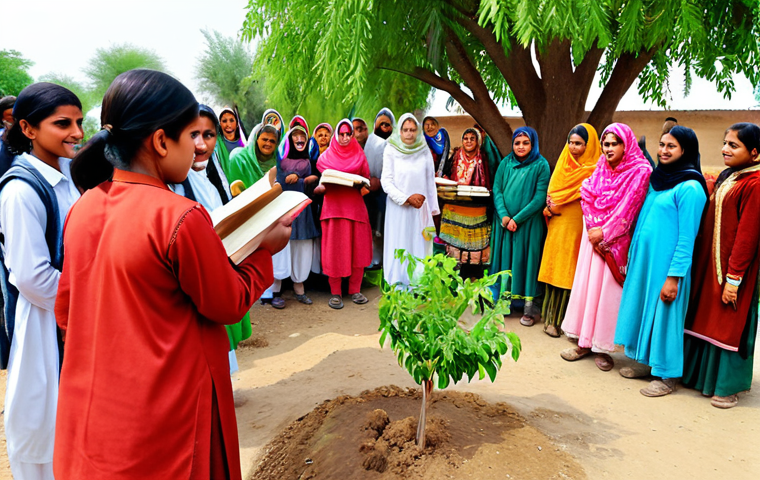 **A vibrant scene of rural development in Pakistan: Children happily attending a newly renovated school with colorful books, while local teachers receive training, and women participate in empowerment programs. In the background, community members plant trees, symbolizing environmental protection and a brighter future. Focus on hope, community, and education.**